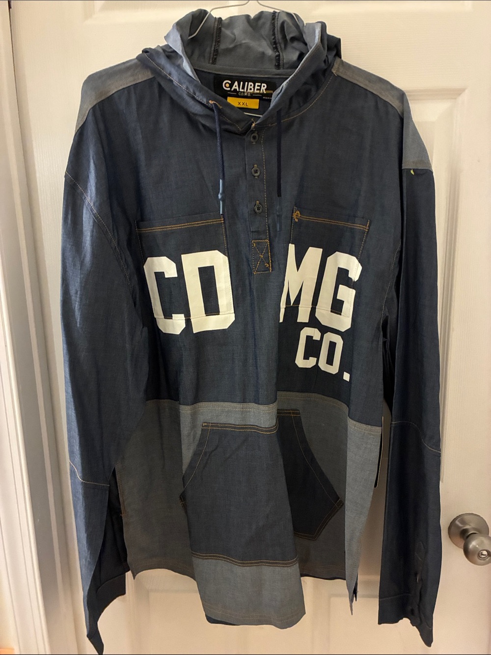 Men's Dark Blue Denim Hooded Shirt Jacket with White Logo